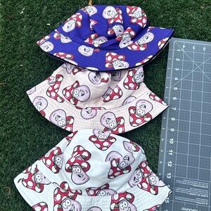 Cartoon Mushroom Bucket Hat Set - purple , beige , White